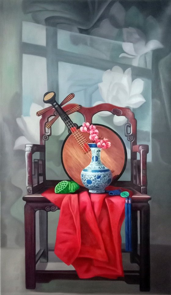 Still life：Chinese China with Chinese lute on the chair
