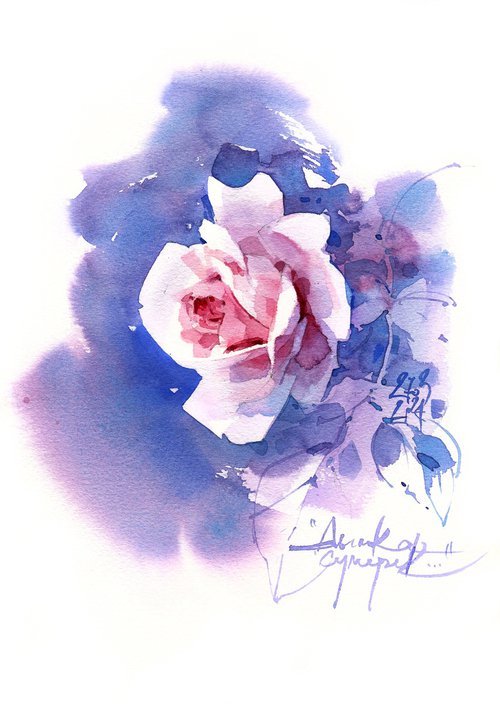 "Twilight mist" - original watercolor pink white rose sketch by Ksenia Selianko