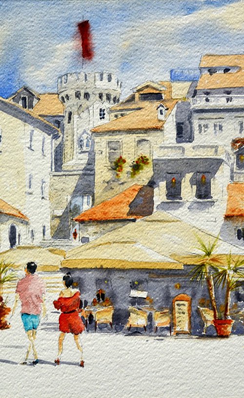 Clock tower  square Herceg Novi Montenegro  53x35cm 2020 by Nenad Kojić watercolorist