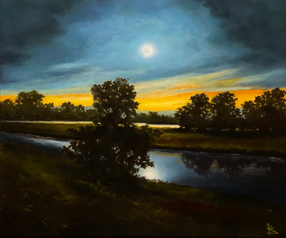 Impressionistic Landscape Oil Painting By Oleg Baulin, 24 X 20", Moonlit Night, Original Artwork