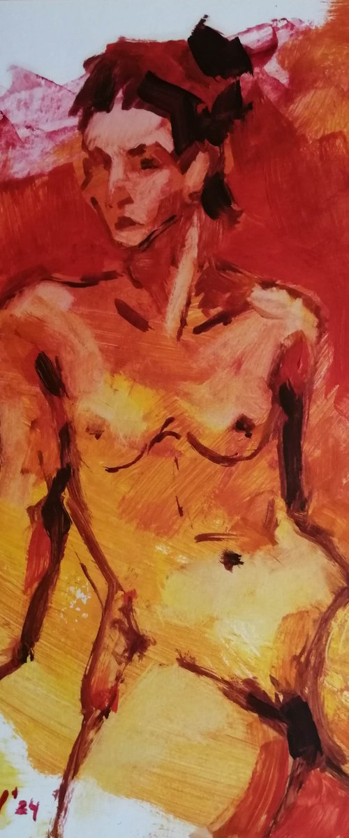 Nude orange study women oil on paper by Olga David