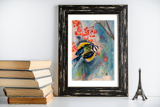 Chickadee Painting Bird Original Art Small Bluetit Original Watercolor Artwork Home Wall Art 7 by 10" by Halyna Kirichenko