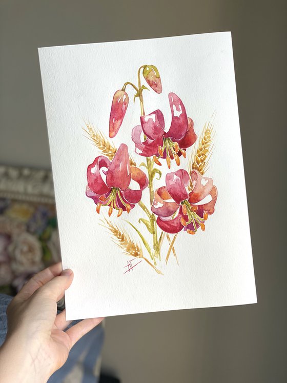 Watercolor lily illustration. Red lilies with yellow wheat and green leaves