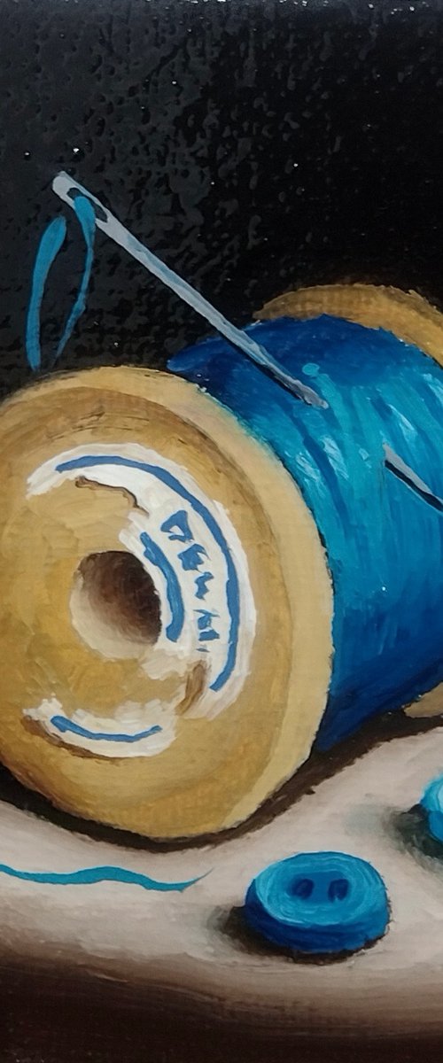Little blue cotton reel  still life by Jane Palmer Art
