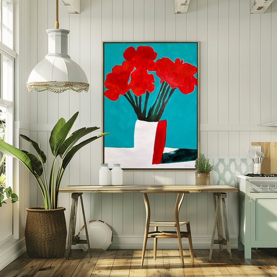 Red Flowers on Turquoise