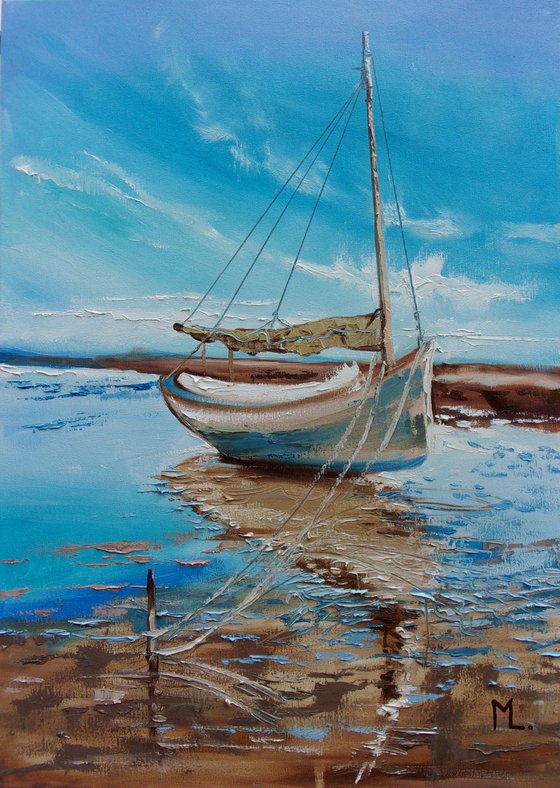 " SEASHORE ... " SHIP BOAT SAIL original painting palette knife GIFT MODERN URBAN ART OFFICE ART DECOR HOME DECOR GIFT IDEA