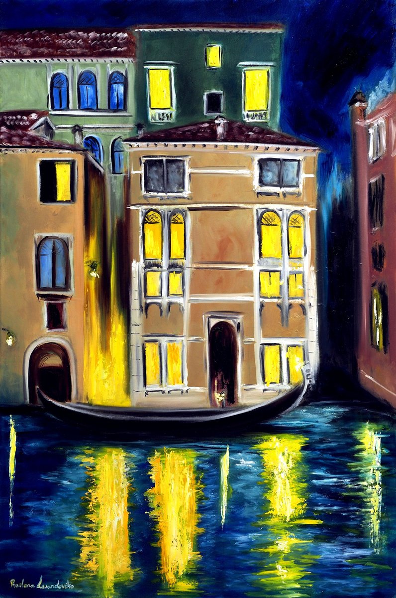 Impressionistic Cityscapes Oil Painting By Ruslana Levandovska, 24 X 36", Night In Venice, Italy, Original Artwork