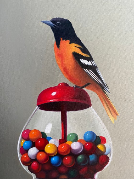 Still life with bird and colorful balls (30x50cm, oil painting, ready to hang)