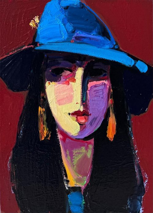 Portrait of Girl in Blue Hat by Mher Chatinyan