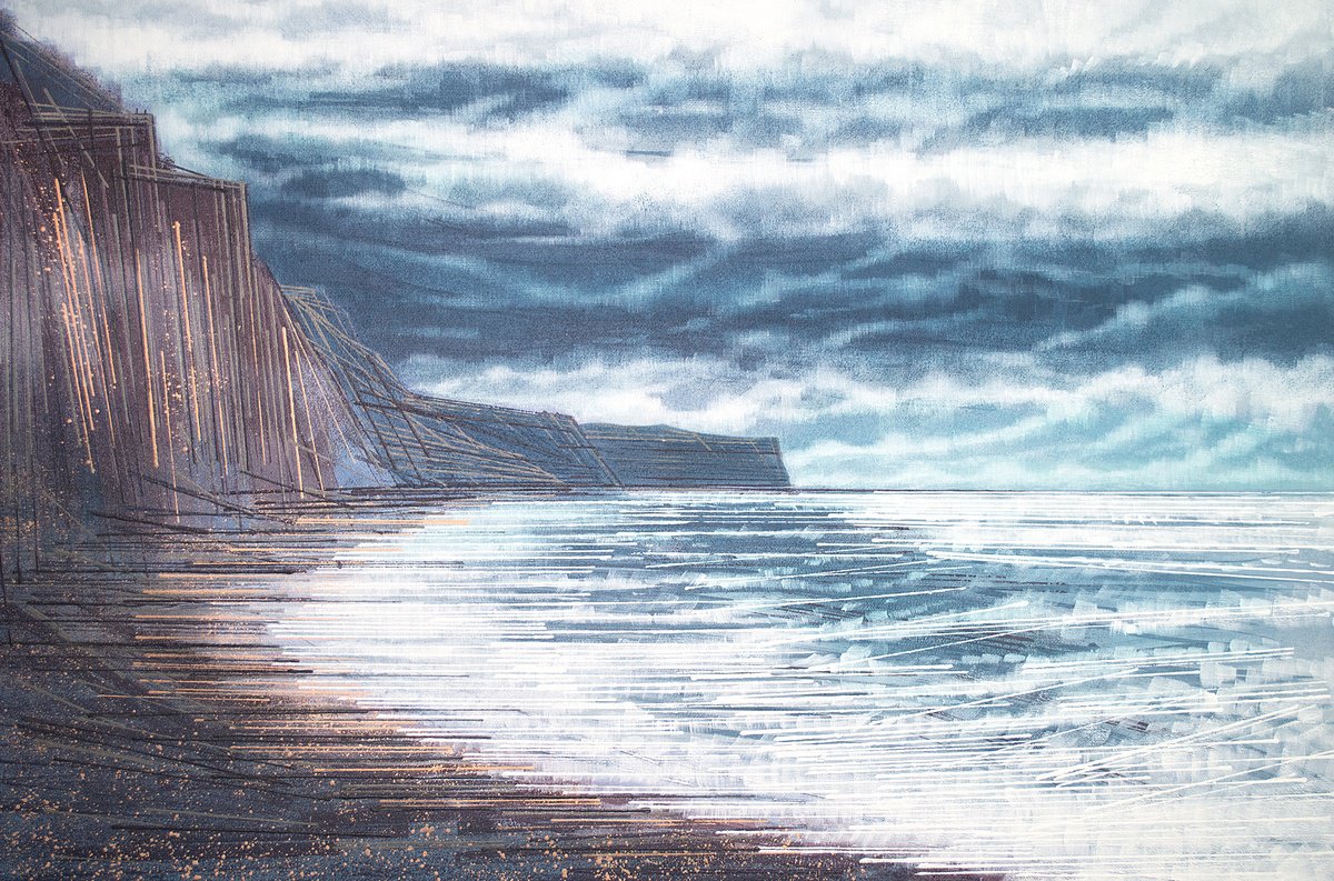 Impressionistic Landscape Acrylic Painting By Marc Todd, 30 X 20", Seascape Under Stormy Skies, Original Artwork