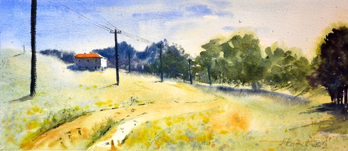 Sunny hill house landscape medium by Nenad Kojić watercolorist