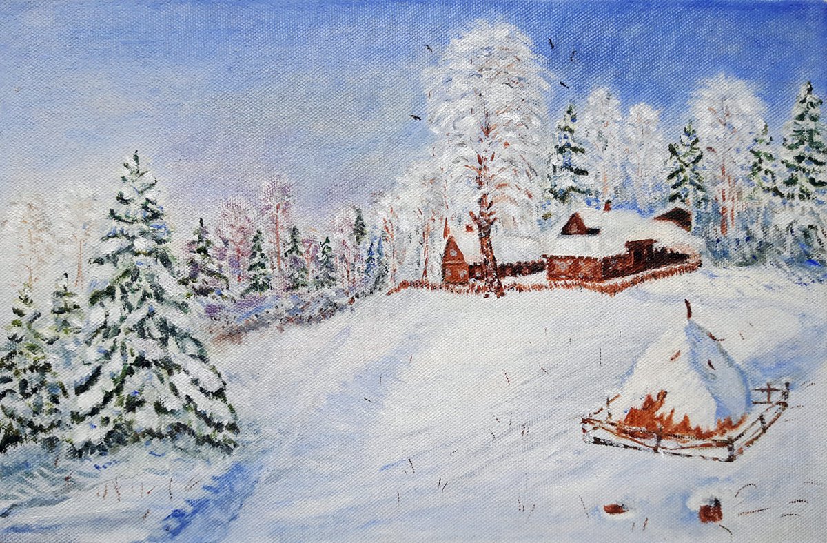 Photorealistic Landscape Oil Painting By Luba Ostroushko, 15 X 11", Winter In The Village, Framed, Original Artwork