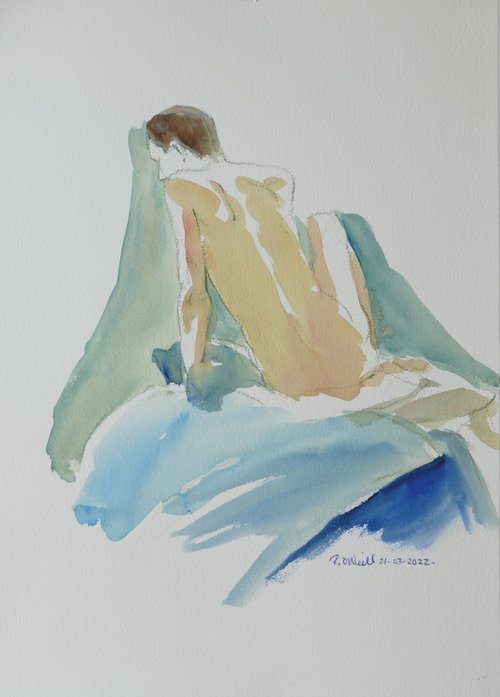 Seated male nude back study by Rory O’Neill