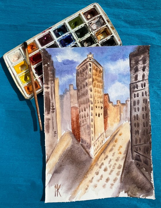 NYC Painting New York Original Art Cityscape Watercolor Artwork Small Wall Art 8 by 12" by Halyna Kirichenko