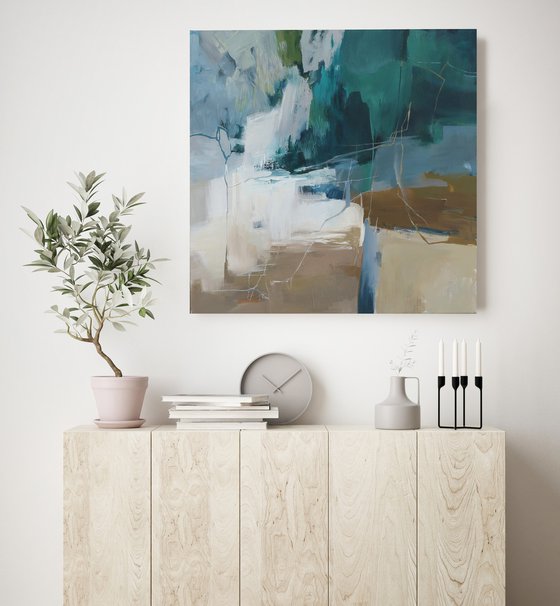 "Influence 2" Abstract teal green acrylic art