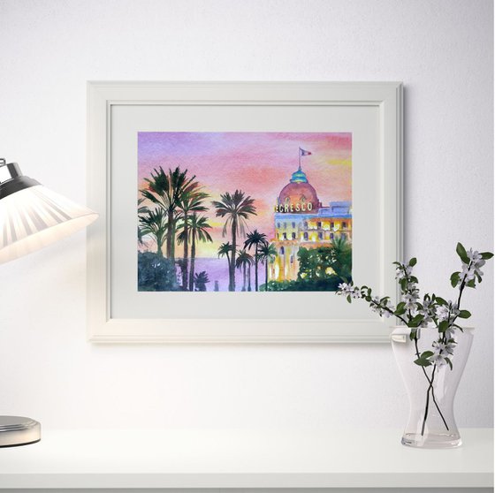 Original Watercolor – The Negresco Hotel, France, Nice, Cote d'Azur, French Riviera