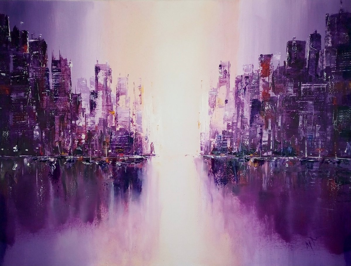 Abstract Cityscapes Oil Painting By Mel Davies Original Art, 31 X 24", The Deep Purple Falls, Original Artwork