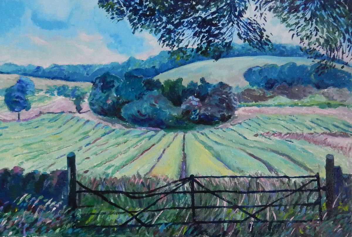 Impressionistic Landscape Oil Painting By Stephen Howard Harrison, 31 X 22", Gate To A Field In Fife, Original Artwork