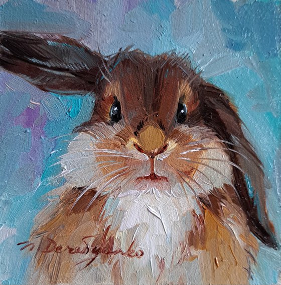 Brown rabbit painting original oil picture framed 4x4, Small framed art blue bunny painting frame