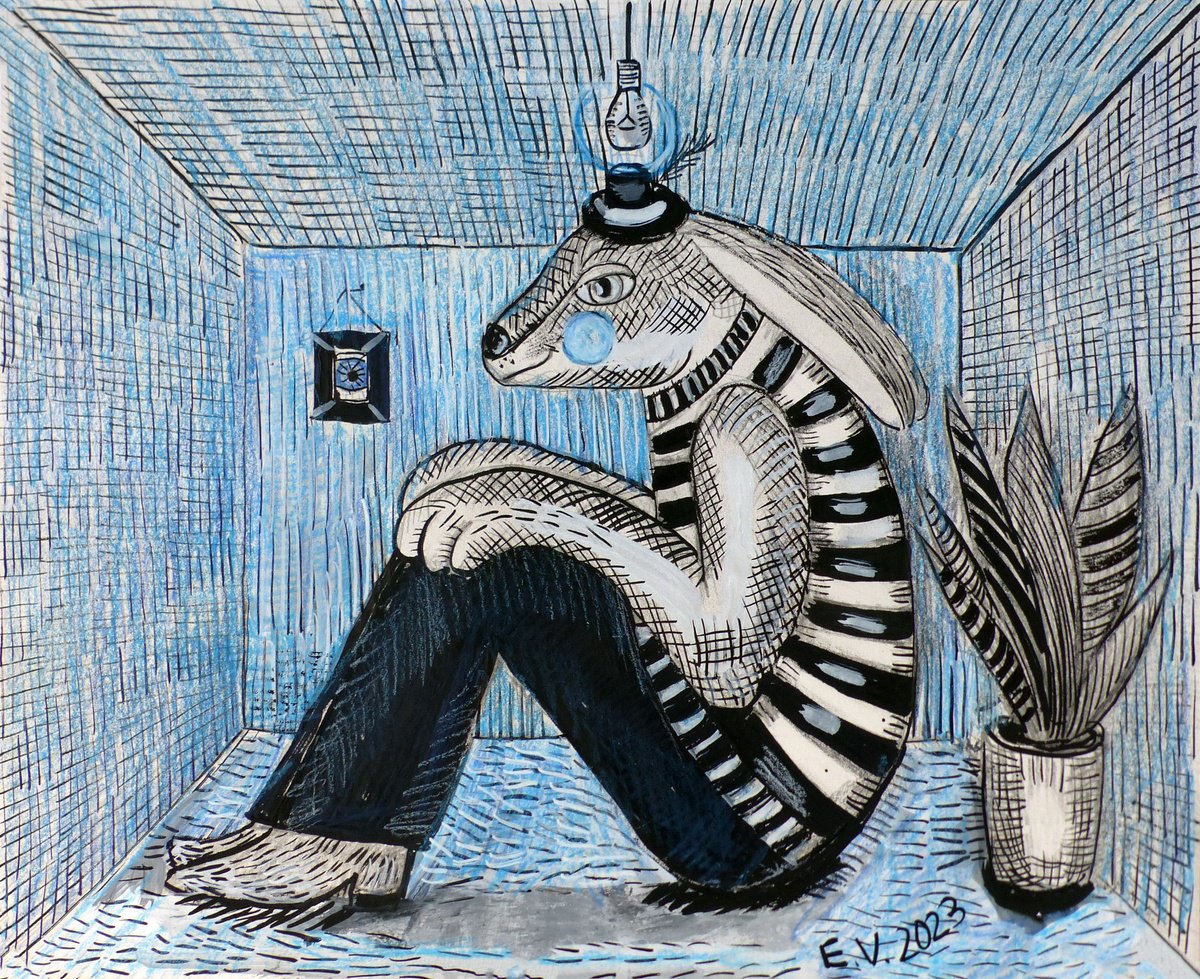 Surrealistic Animal Drawing By Elizabeth Vlasova, 14 X 11, Schrodinger