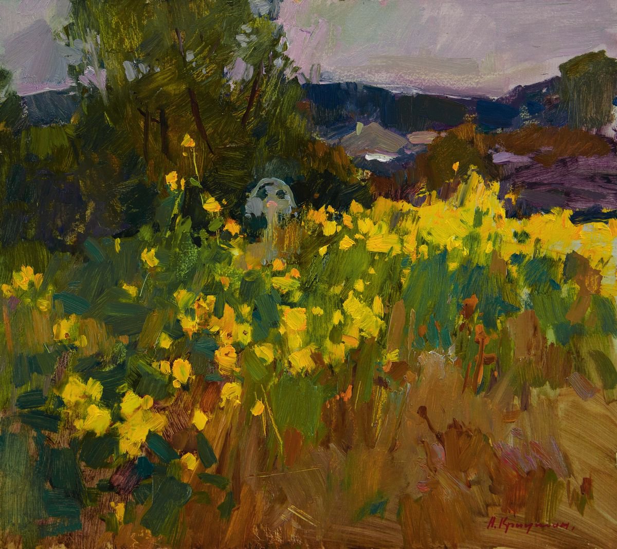 Impressionistic Landscape Oil Painting By Aleksandr Kryushyn, 17 X 16, On The Outskirts Of A Village, Original Artwork