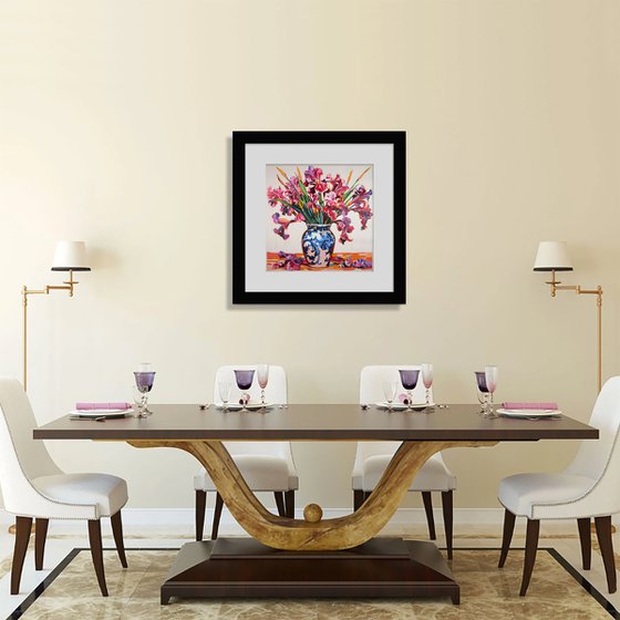 Irises in a porcelain vase