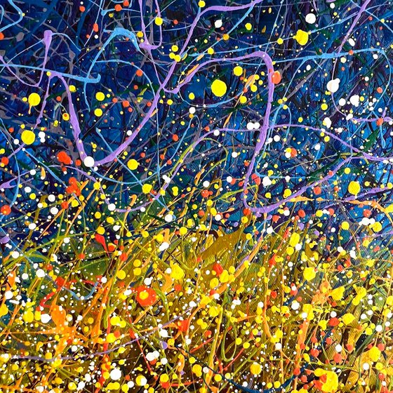 Yellow tree abstraction Modern blue yellow painting Sun Autumn art