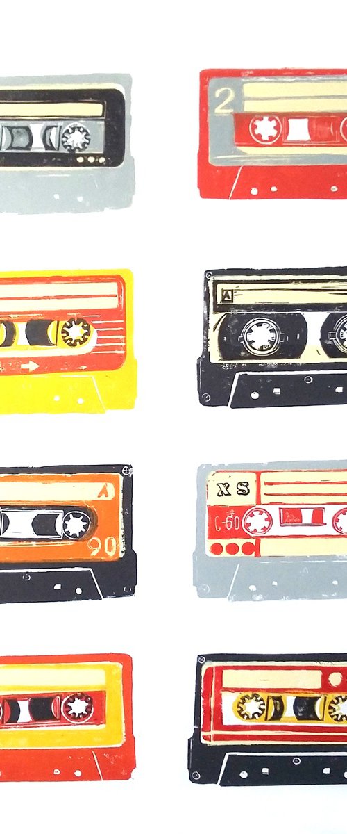 Linocut tapes #51 (cassette tapes, retro music, 70's, 80's rock culture) by Carolynne Coulson