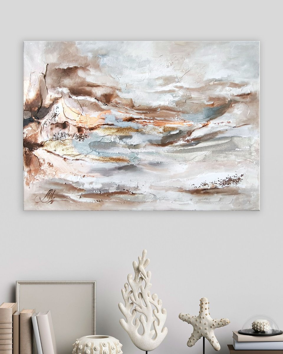 Impressionistic Abstract Oil Painting By Annet Loginova, 28 X 24, Abstract With Gold And Texture, Original Artwork