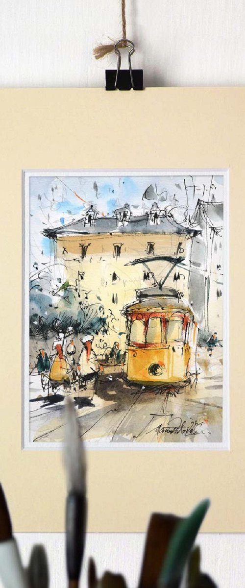 Lisbon Yellow Tram, ink lines and watercolor wash. by Marin Victor