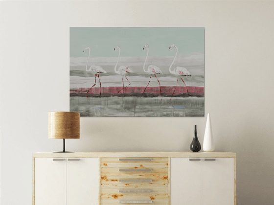 Striding flamingos in the Camargue