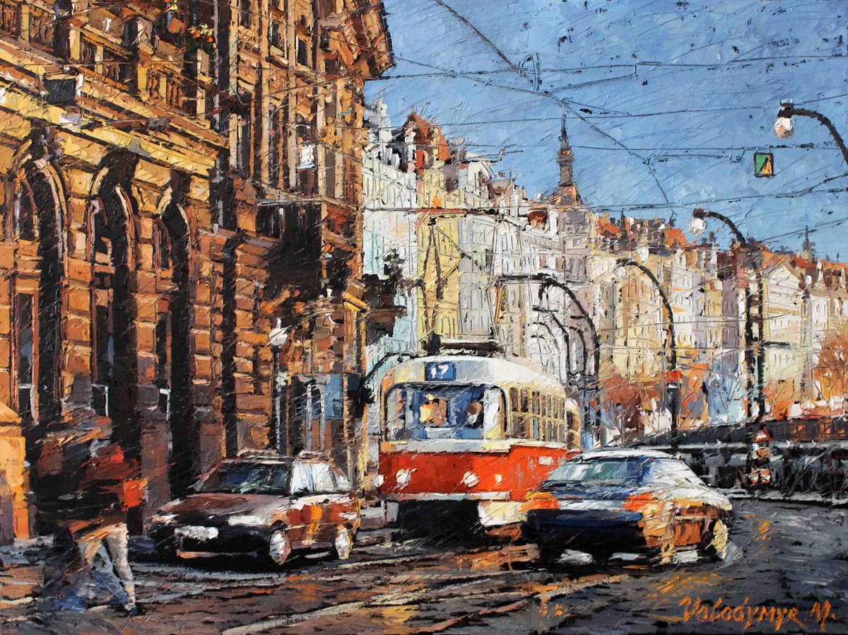 Impressionistic Cityscapes Oil Painting By Volodymyr Melnychuk, 31 X 24", City Tram, Original Artwork