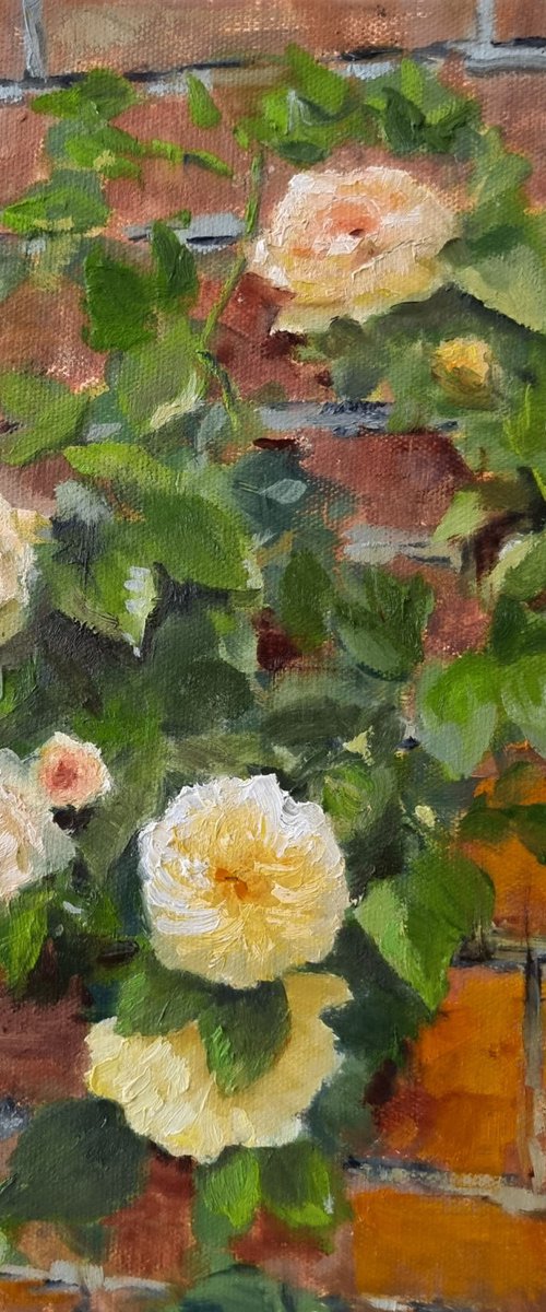 Yellow Roses on Weathered Red by Lori Hanson