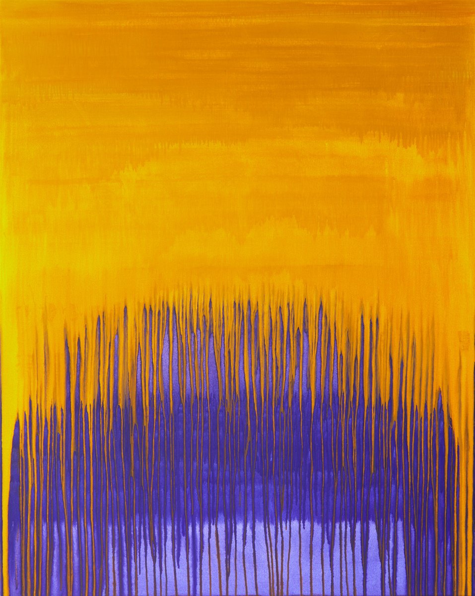 Geometric Abstract Acrylic Painting By Simon Findlay, 47 X 59", Tuesday (Orange Over Purple), Original Artwork