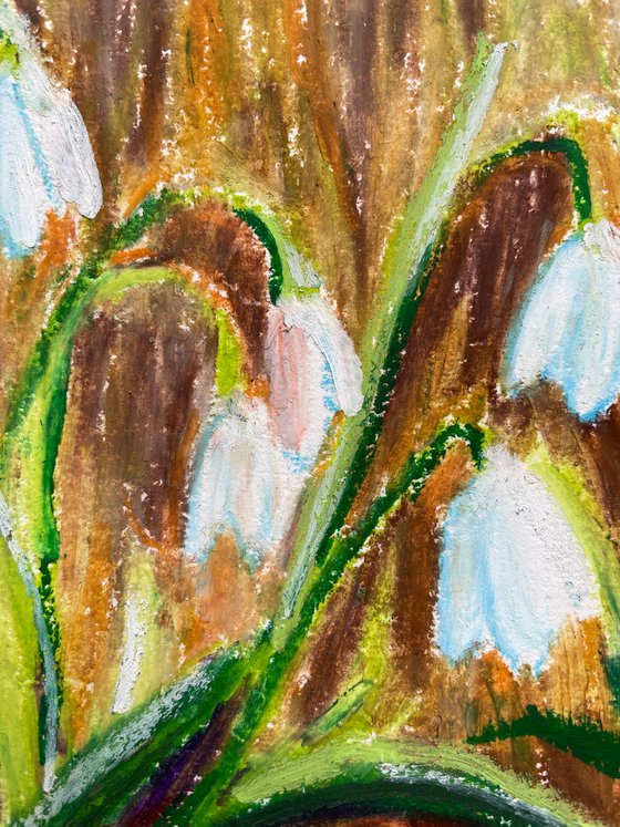 Snowdrops Original Oil Pastel Painting, Flower Hand Painted Card, Gifts for Her