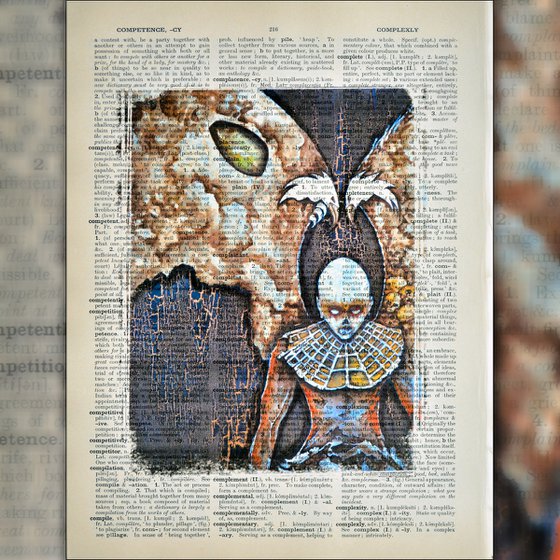 Nascent Demon - Collage Art on Large Real English Dictionary Vintage Book Page