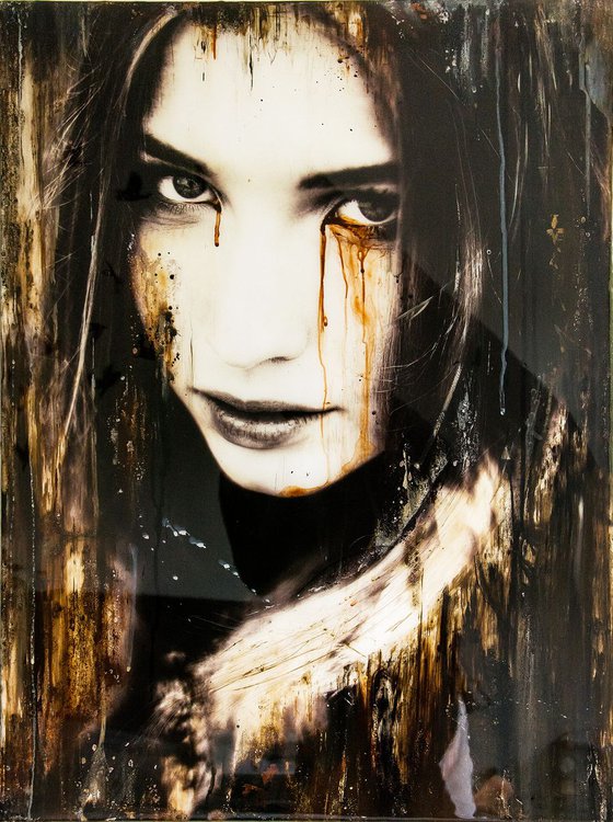 "Cry no more" (80x60x3cm) - Unique portrait artwork on wood (abstract, portrait, gouache, original, epoxy, painting, acrylic, oil, watercolor, wood)