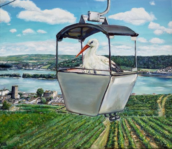 Stork Over The Vineyards, oil on canvas, 70 x 60 cm