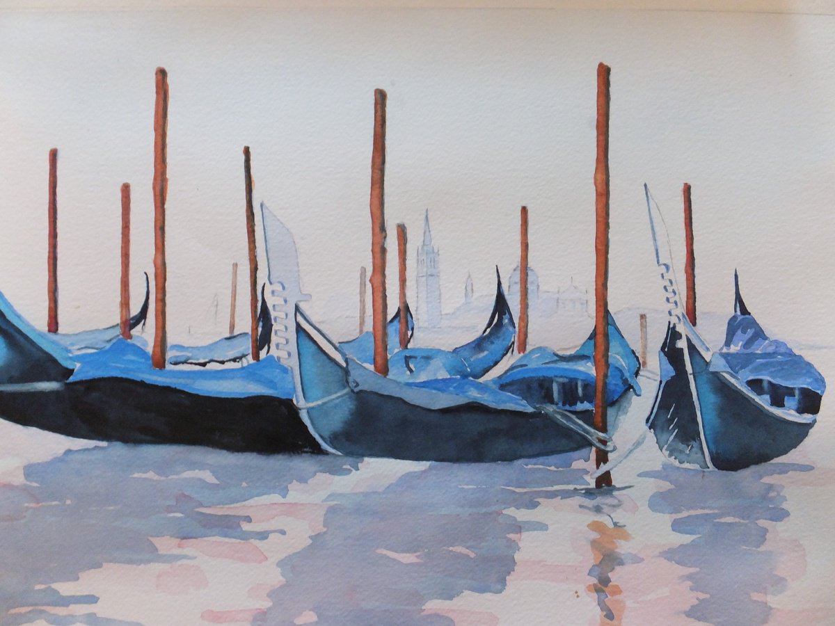 Photorealistic Watercolour , Gondola Line Up By David Harmer, 20 X 16, Artwork For Sale On Artfinder