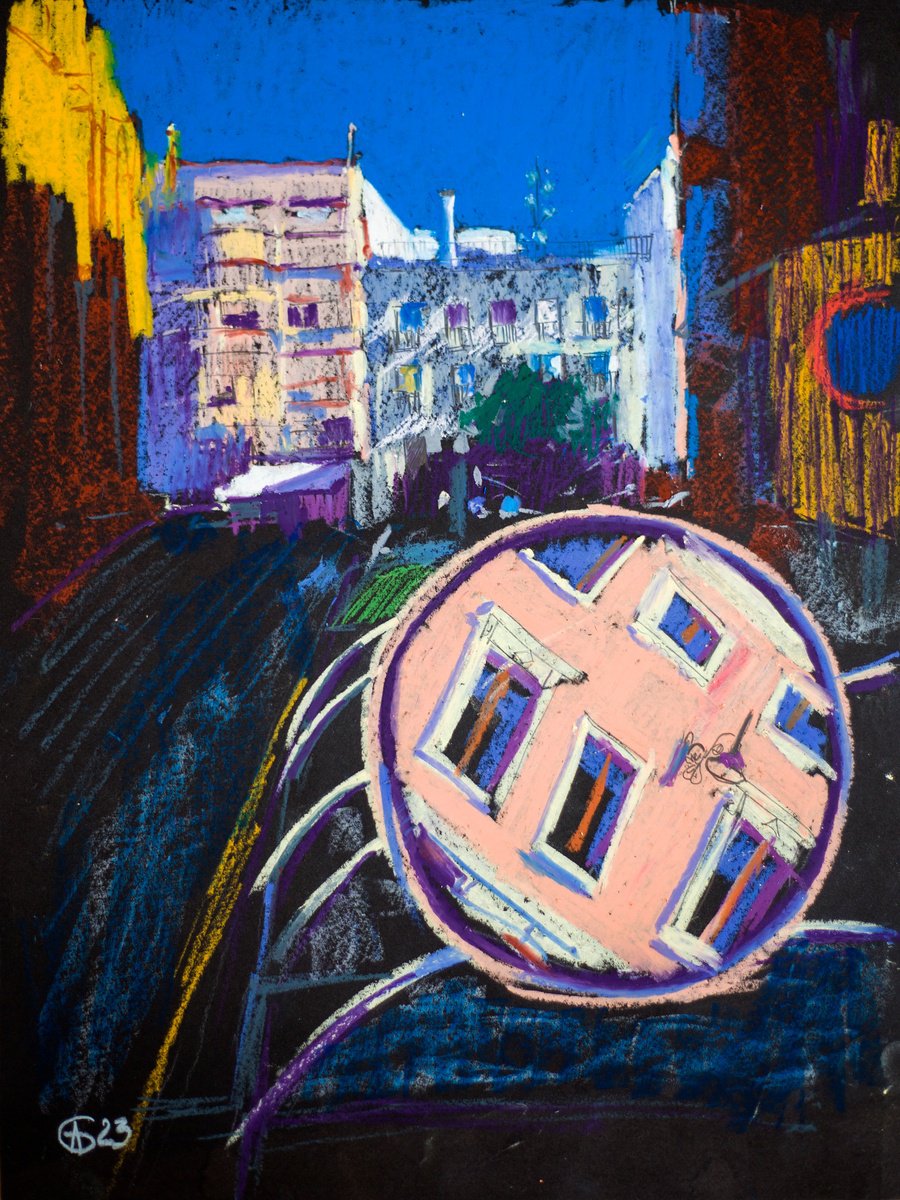 Impressionistic Cityscapes Pastel Drawing By Sasha Romm, 12 X 16", Street In Sevilla. Reflection, Original Artwork