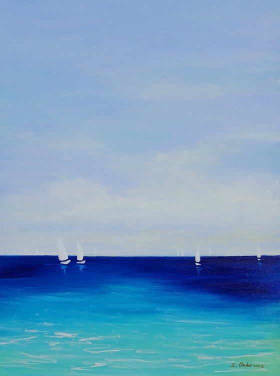 Abstract Seascape Painting. Sailboats, Beach, Ocean, Sea Waves, Sailing Yachts