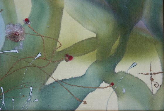 Abstract silk painting with fantastic greenery and flowers