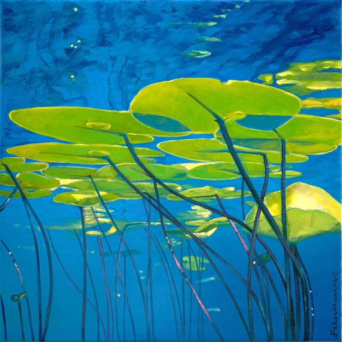 Impressionistic Botanical Oil Painting By Uwe Fehrmann, 16 X 16", Water Lilies, No. 5, Original Artwork