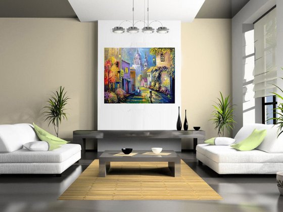 " Morning in Italy " - 100 x 80cm Original Oil Painting Large XL Landscape old Cityscape