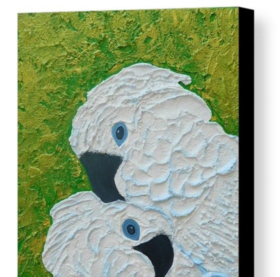 Serenity - Original, unique, impressionist figurative, white love birds, impasto painting