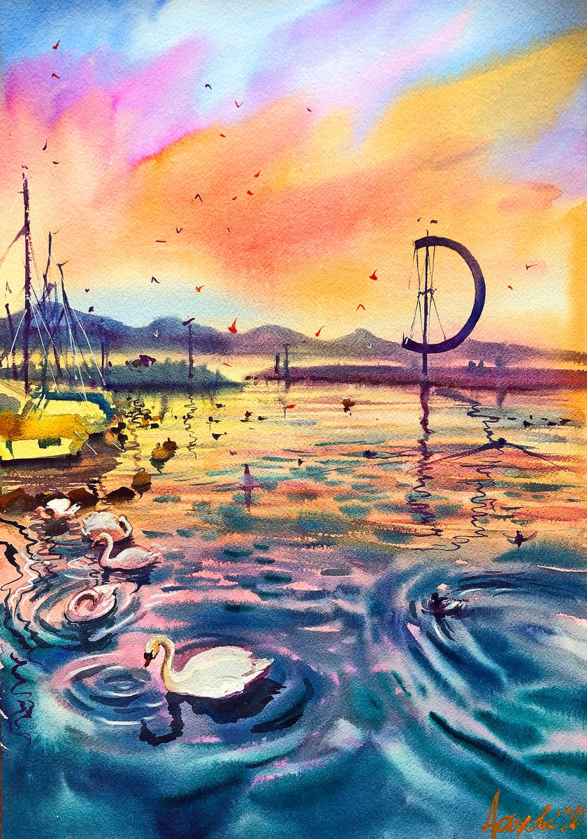 Impressionistic Landscape Watercolour By Ksenia Astakhova, 14 X 20", Sunset At Ouchy, Original Artwork
