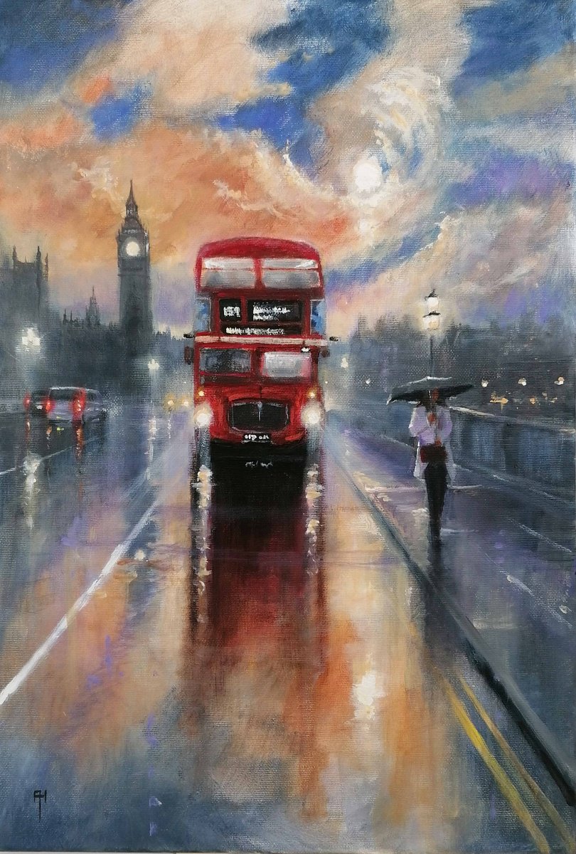 Impressionistic Cityscapes Acrylic Painting By Alan Harris, 16 X 24, Late Night London, Walking In The Rain 2, Original Artwork