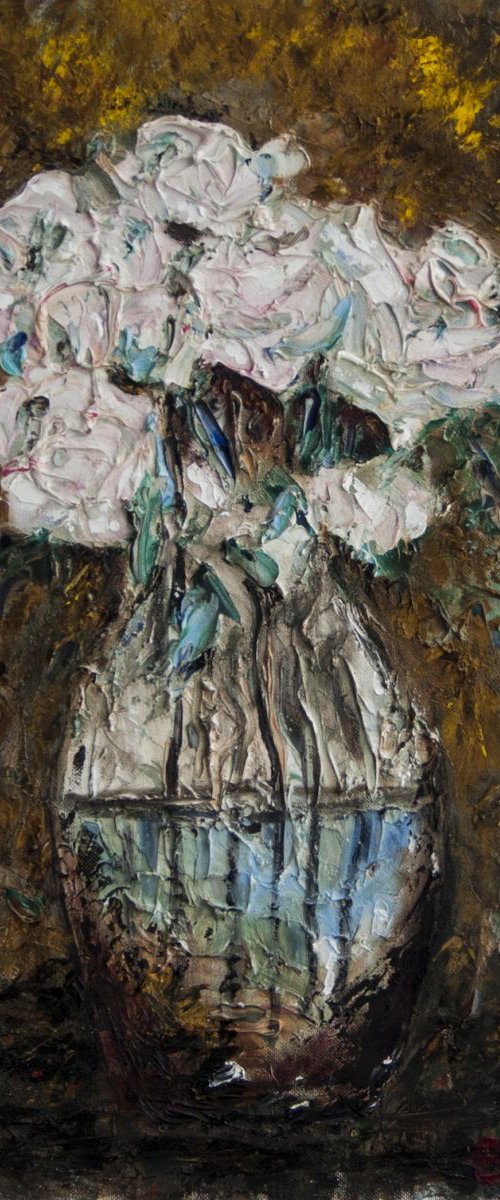 Gold Still Life with white roses (Gold on white). by Leo Baxiner