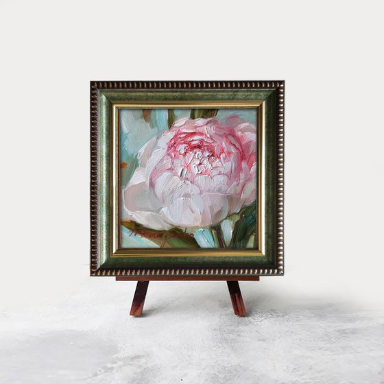 Peony original oil painting framed, Tiny artwork pink flowers, Unique peony wall art, Floral art gift for women