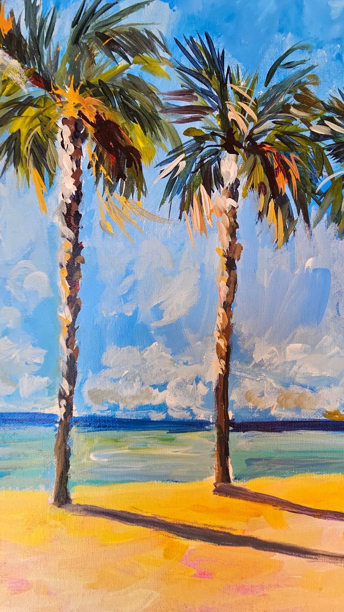 Impressionistic Landscape Acrylic Painting By Silvia Flores Vitiello, 16 X 16", Early Morning Palm Trees, Original Artwork